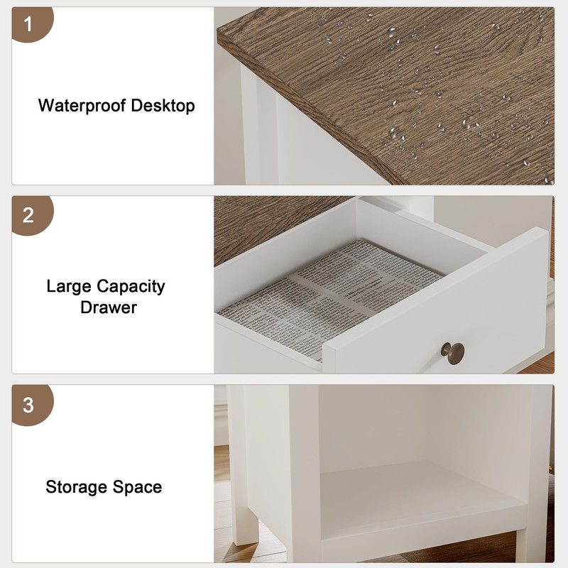 ChooChoo Farmhouse Nightstand with Charging Station, Wooden Top Bedside End