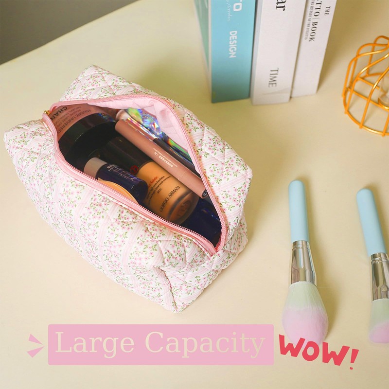 Makeup Bag Tulips Floral Quilted Cosmetic Bag Puffy Cosmetic Pouch