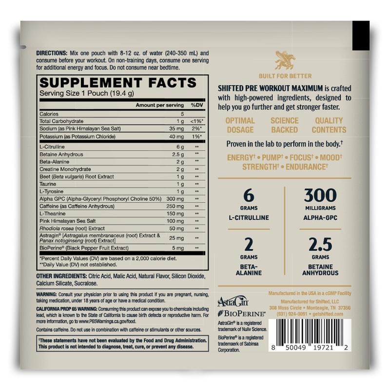 SHIFTED Maximum Pre Workout Stick Packs - Flavor: Miami Vice