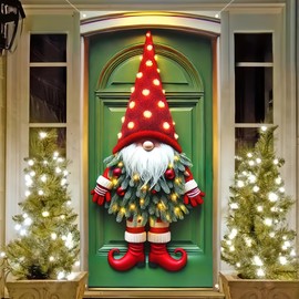 BlissYard Christmas Door Cover 71x35 Inch Christmas Gnome Hanging Banner Backdrop Photography Background Decoration Gnome Door Banner Winter Xmas New Year Holiday Party （Banner, Not a Real Wreath）