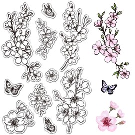 CRASPIRE Cherry Blossoms Clear Stamps Japanese Sakura Flowers Butterfly Reusable Retro Transparent Silicone Stamp Seals for Scrapbooking Photo Album Decorative Journaling Card Making Christmas Gifts
