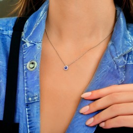 MYSTIC JEWELS 925 Sterling Silver Turkish Evil Eye Necklace with Cubic Zirconias - Rhodium Style and Gold Plated for Women Girls Gift 40+5cm Enamel Cubic Zirconia