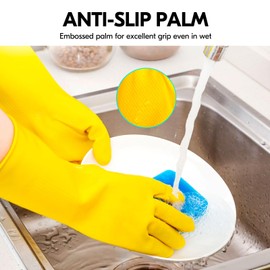 Vgo... 3Pairs Reusable Household Gloves,Rubber Dishwashing Gloves,Extra Thickness,Long Sleeves,Kitchen Cleaning/Working/Gardening(Size M,Yellow,HH4601,3Pairs)