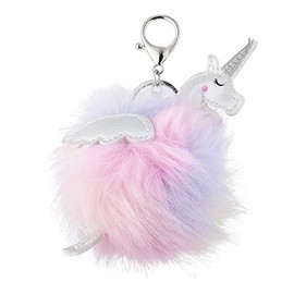 LUX ACCESSORIES Pastel Colored Fur Ball White Unicorn Silvertone Fashion Keychain