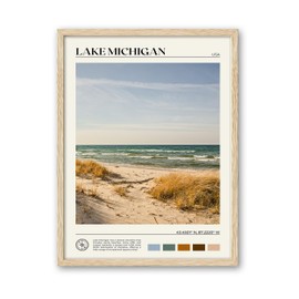 HesenDot Natural OAK Wood Lake Michigan Framed Wall Art,12x16in Natural Scenery Canvas Wall Print,Classic Urban City Landmark Wall Decor for Living Room,Bedroom,Office Gallery Gifts Set of 1