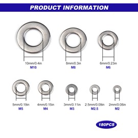 Washers Set, 180pcs Stainless Steel Washer Silver Metal Washer Assorted Flat Washers for Screws Bolts Home Kitchen Decoration…