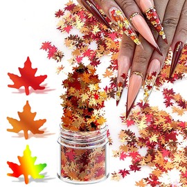Holographic Glitters Fall Maple Leaf Shaped Nail Art Sequins Flakes 1 Pot, 3D Meteillc Red Yellow Orange Mixed DIY Design Confetti for Decoration Set 2
