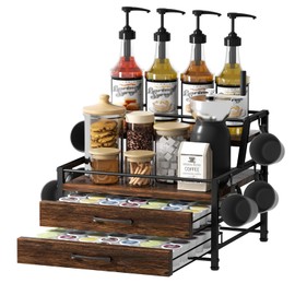 Homsorout Coffee Syrup Rack Organizer - 4-Tier 8 Syrup Wine Bottles Stand with 82 Storage Drawer for K Cups, Coffee Pod Holder for Countertop, Bar Station, Kitchen, Rustic Brown