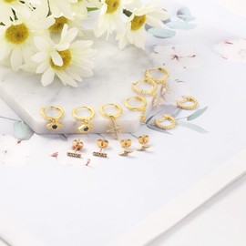 6Pairs Moon Star Dangle Hoop Earrings for Women Mini Bar Stud Earrings CZ Drop Cartilage Cute Jewelry Small Huggie Hoop Valentiine's Gift Gold Plated