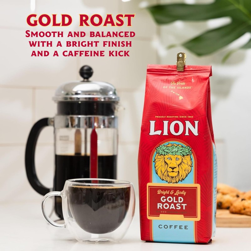 Lion Coffee Gold Roast Ground Coffee, Medium-Light Roast, A Taste