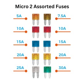 Tek Automotive Car Fuse Kit - 10 Pack Micro 2 Fuse Assortment with Color Coded Micro Blade Fuses, Automotive Replacement Fuses for Cars, Caravans, 12V Applications