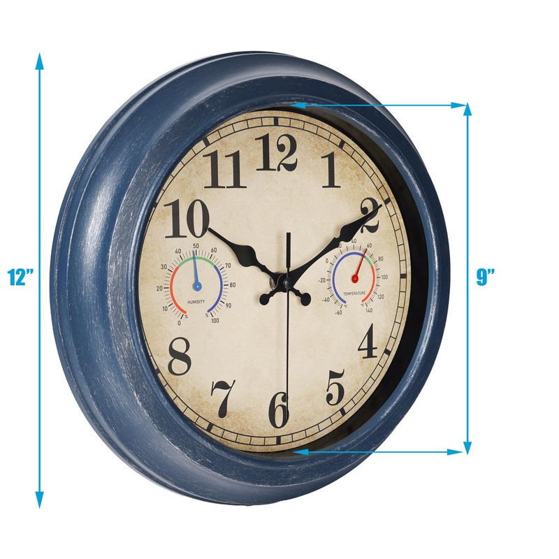 12 Inch Outdoor Clock with Thermometer and Hygrometer Combo, Waterproof