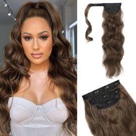 FLUFYMOOZ 4PCS Half Up Half Down Ponytail Extension Set, Fake Ponytail Soft Synthetic Hairpiece for Women, Long Thick Clip in Hair Extensions Wavy Fuller High Wrap Around (Medium Brown with Medium Auburn 22In)
