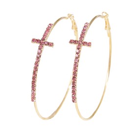 Large Cross Hoop Earrings Trendy Rhinestone Sparkly Hoop Earrings Extra Big Hoops Earrings Exaggerated Prom Wedding Party Earrings Formal Jewelry for Women - Pink