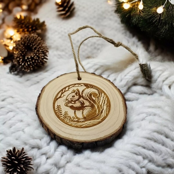 Unbranded Squirrel handmade engraved on natural pine wood slice Christmas