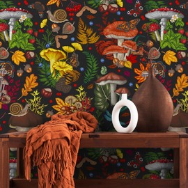 VEELIKE Whimsical Mushroom Wallpaper Peel and Stick Butterfly Berry Botanical Wallpaper for Kids Room Nursery 17.7''x118'' Boho Forest Wallpaper Mural Adhesive Contact Paper for Bedroom Walls Cabinets