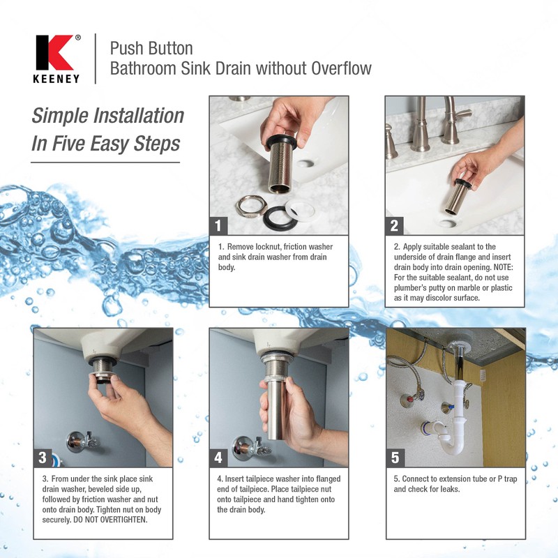 Keeney K820-76BN Universal Push Button Bathroom Sink Drain Without Overflow