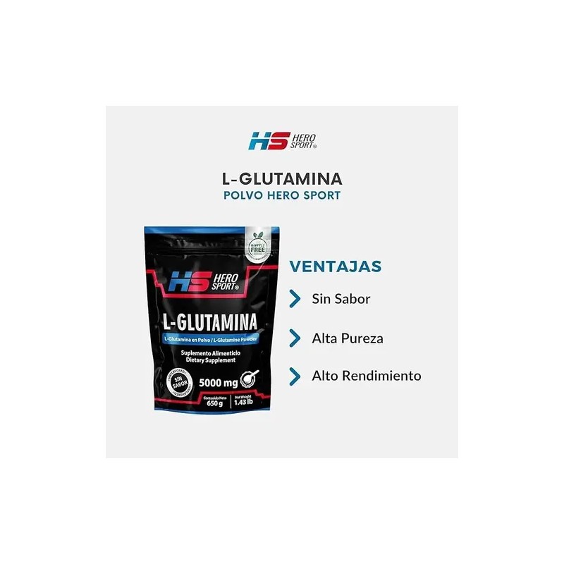 Glutamina Polvo 650 Gr 130 Servicios, Sin Sabor Hero Sport