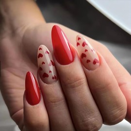 Almond Valentine’s Day Press on Nails Red Small Heart Fake Nails, LPOODDNU Red Hearts Glue on Nails Medium Valentine’s Day Artificial Nails Cute Heart Stick on Nails for Women Manicure DIY, 24Pcs