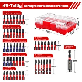 GEINXURN 49-Piece Screwdriver Bit Set Made of Impact-Resistant, S2 Steel, Magnetic Torx, Phillips, Pozidriv, Slotted, Hex Head Bit Set, 1/4 Inch Hex Shank, Includes Bit Holder with Red Storage Box