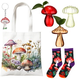 Baderke 6 Pcs Mushroom Themed Gift, Mushroom Plant Propagation Gifts for Women, for Plant Stuff Lovers Include Cute Mushroom Terrarium Mushroom Socks Canvas Tote Bag Mushroom Keychain