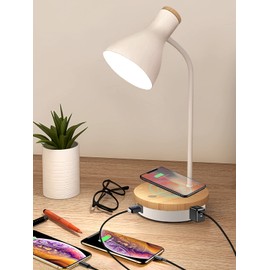 Metal Desk Lamp Wireless Charging Table Lamp Touch Reading Lights Arc Desk Lamps for Bedroom, 3 Way Dimmable Bedside Lamp with USB Charging Ports Lamp for Study Room and Office (White)