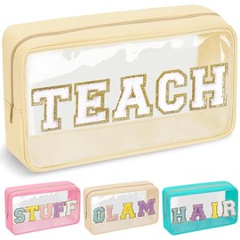 izuzta - Bolsas de maquillaje de chenilla, con cierre, transparente, PVC, impermeable, con purpurina, para mujeres y niñas, TEACH-Beige