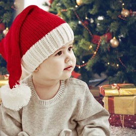 Balakaka Santa Plush Santa Hat Comfortable Warm Knitted Elastic Santa Hat with Pom Poms Red Santa Christmas Hat for Baby Children Adults, red