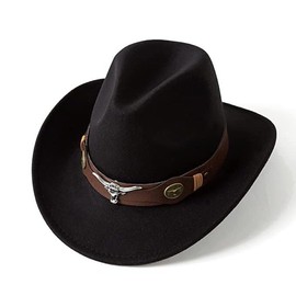 XGOPTS Women Classic Western Cowboy Hat Wide Brim Felt Hats with Belt Buckle Panama Fedora Hat for Fancy Dress Theme Party Costume Accessory Outdoor Travel Black