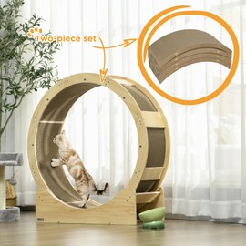 PawHut Cat Wheel for Indoor Cats, 36" Cat Treadmill with Brake, Cat Exercise Running Wheel with 4 Pack Replacement Scratching Pads for Health and Fitness, Oak