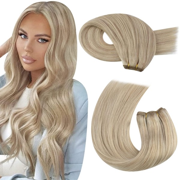 Moresoo 60 cm Real Hair Wefts Blonde Extensions Real Hair Extensions Remy Weft Extensions Blonde Real Hair #P18/613 Ash Blonde with Platinum Blonde 100G