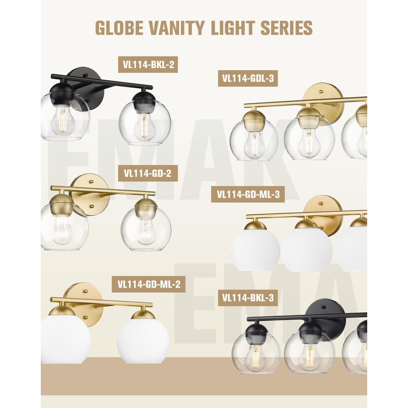 Emak 2-Light Gold Bathroom Light Fixtures, Modern Globe Vanity Lights