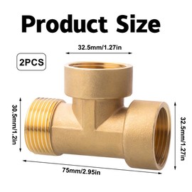 2 pieces T-piece 1 inch, 1 inch brass T-piece 90°, thread fitting T-piece IGxIGxAG made of brass, T-piece water connection, DN25 brass fitting suitable for drinking water