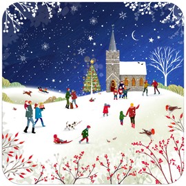 Christmas Coasters, Pack of 6 cork coasters - Snowy Church. This Christmas tableware makes a lovely Christmas table decoration, by Just Cards Direct