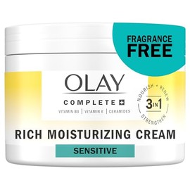 Olay - Crema hidratante facial completa + rica - Libre de fragancia, suave para piel seca y sensible, hidratante 3 en 1 para fortalecer, nutrir, renovar - Niacinamida, vitamina E y ceramidas, 8.5