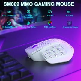 SOLAKAKA SM809 Pro Gaming Mouse with 9 Side Buttons,24000 DPI RGB Mouse for Gamer,16 Programmable Macros MMO Mouse,White