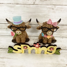 Hobby Lobby HL Easter Decor - Resin Scottish Highland Cow Couple Figurines 3pc Set