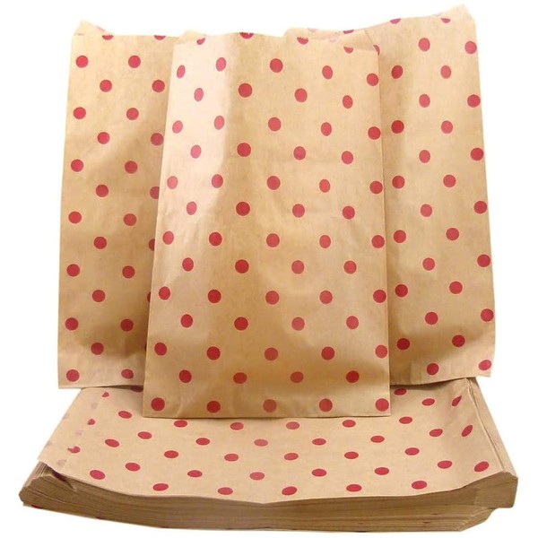 N'icePackaging 200 Qty 4" x 6" Decorative Flat Paper Gift Bags - Red Polka-Dot on Brown Kraft Bags - for Sales Merchandise/Candy/Cookies/Party Favors/Pens/Gifts