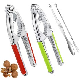 Nut Cracker, 2-Pack Stainless Steel Nutcracker with Non-Slip Handle, for Walnuts, Pecans, Hazelnuts, Pistachio, Lobster & Crab Shells, Multi-Purpose Kitchen & Seafood Tool (Red and Green)