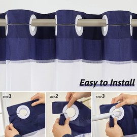 Extra Long No Hook Shower Curtain,Polyester Fabric Shower Curtains for Bathroom with See Through Top Window,Hotel Grade Waterproof & Mahcine Washable,Navy Blue,78x96 Inch