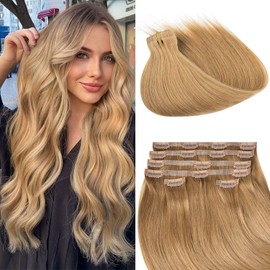 SRDOLL QU2EN Seamless Clip in Hair Extensions 6pcs 120g, PU Real Human Hair Extensions Clip Ins Straight Light Golden Blonde Hair for Women 18Inch, PU Clip-#12 Light Golden Brown Straight, 6.0 Ounce