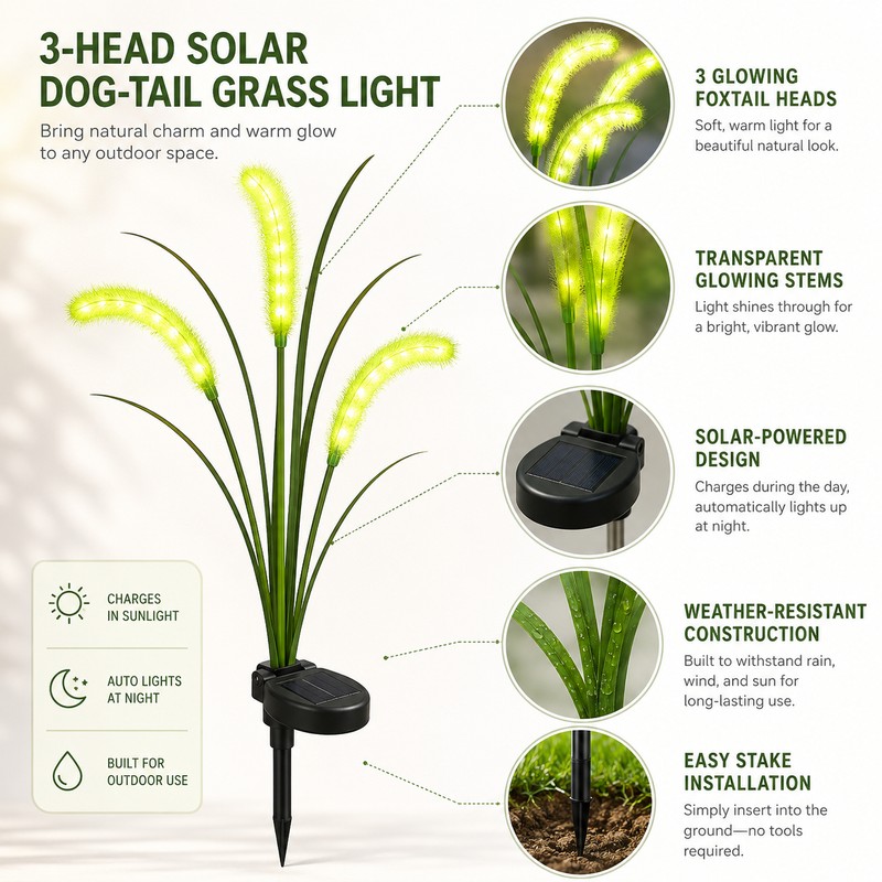 Solar Foxtail Garden Lights for Outdoor Decor – 3-Head LED
