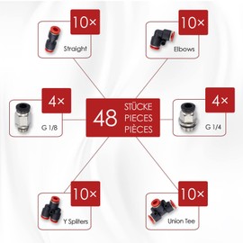 Pronese 48 Pcs Quick Release Plastic Pneumatic Air Line Fittings, 6mm Straight/Elbow/T/Y Push Connectors, G1/4 & G1/8 6mm Push to Connect Fittings Kit