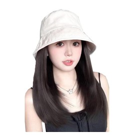 Wigs with Hat, Women's Wig, Hat Wig, Integrated Hat, Hat with Hair, Bucket Hat, Neckline Wig, Small Face Effect, Half Wig, Wig, Cute, Small Face Effect, Sun Protection, Heat Resistant, Breathable, For
