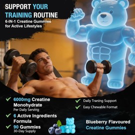 Creatine Gummies 6000mg, Creatine Monohydrate for Men & Women, Pre/Post Gym Workout Support for Muscle Strength, Performance, Recvovery with BCAAs, L-Theanine, L-Carnitine, Bluerry Flavor, 90Counts