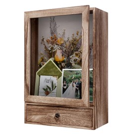 Shadow Box Frame 11" x 16" , 4" Deep Shadow Box Display Case with Drawer, Rustic Wood Memory Box for Pictures, Flowers, Memorial, Medals, Wedding Bouquet for Wall or Tabletop, Keepsakes, Brown