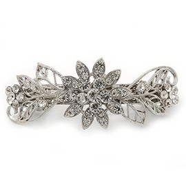 Bridal Wedding Prom Silver Tone Filigree Diamante 'Flowers & Leaves' Barrette Hair Clip Grip - 85mm Across