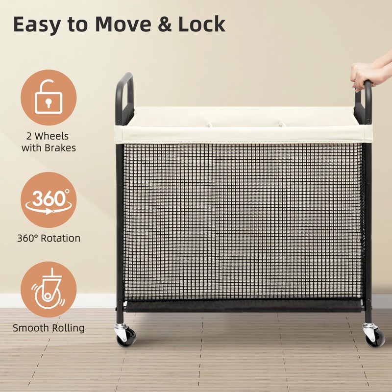 STORAGE MANIAC Rolling Laundry Hamper with Wheels 3-Section Laundry Sorter