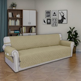 Easy-Going Sofa Slipcover Waterproof Sofa Cover Couch Cover for 4 Cushion Couch with Elastic Straps Washable Non-Slip Furniture Protector Cover for Pets, Dogs, Cat (XX-Large, Sand)