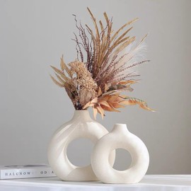 White Ceramic Vase Set, Donut Vase Rustic Beige Round Matte Pampas Flower Vases Nordic Minimalism Style Decoration for Living Room, Kitchen, Office, Home Decor Modern Art Vase (Small + Big)
